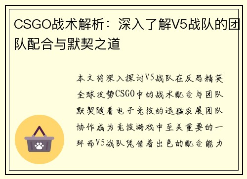 CSGO战术解析：深入了解V5战队的团队配合与默契之道